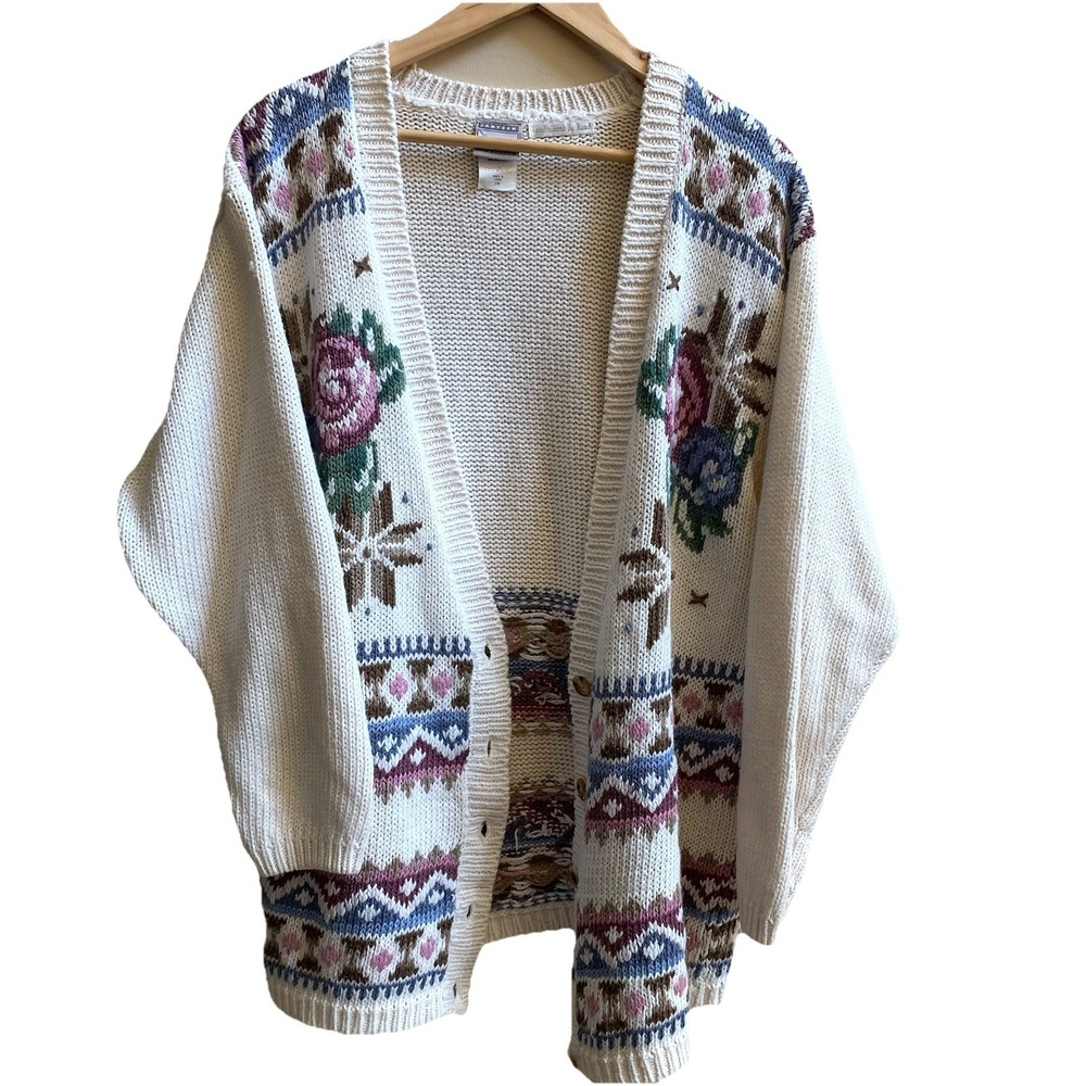Vintage Jantzen Classics Cardigan Sweater Hand Embroidered Floral Cottage core L